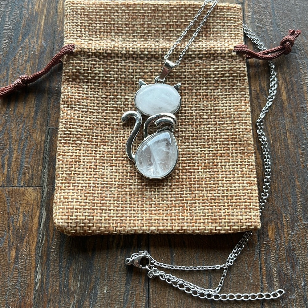 Crystal Cat Necklace | Kitty Cat Jewelry | Clear Quartz Cat Pendant | Teen Gift